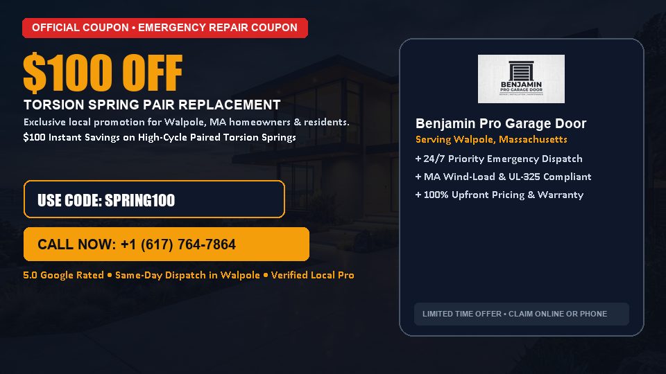 Benjamin Pro Garage Door $100 OFF Dual Torsion Spring Replacement in Walpole, MA